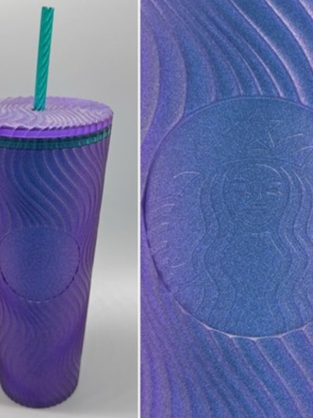 Starbucks 24 oz wavy plastic cold cup featuring a textured design and an embosse